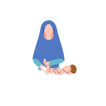 Muslim mother change diaper on baby  Illustration
