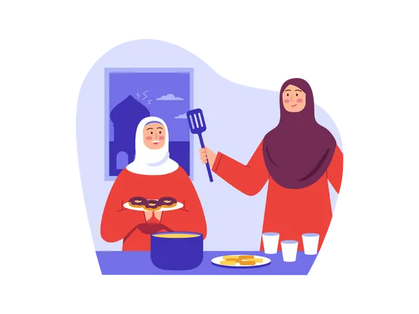 Muslim mother cooking fresh donuts  Illustration