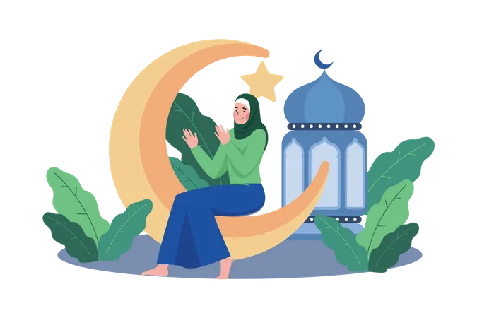 Muslim Woman Pray On Night Ramadan  イラスト