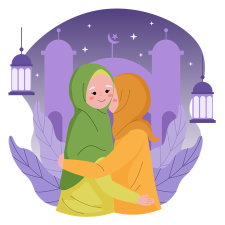 Muslim women hugging on eid mubarak  Illustration