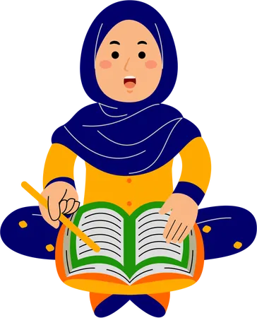 Muslim young woman reading chapters from Quran holy book  Illustration