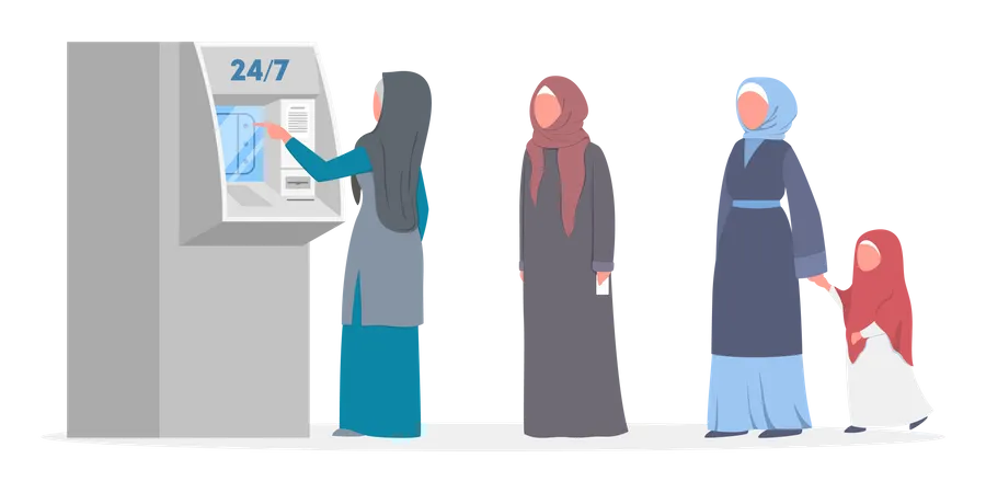 Muslimische Frauen stehen in der Schlange vor einem Geldautomaten  Illustration