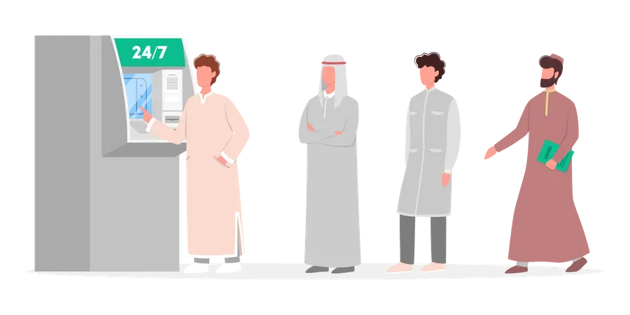 Muslimische Männer stehen in der Schlange vor einem Geldautomaten  Illustration