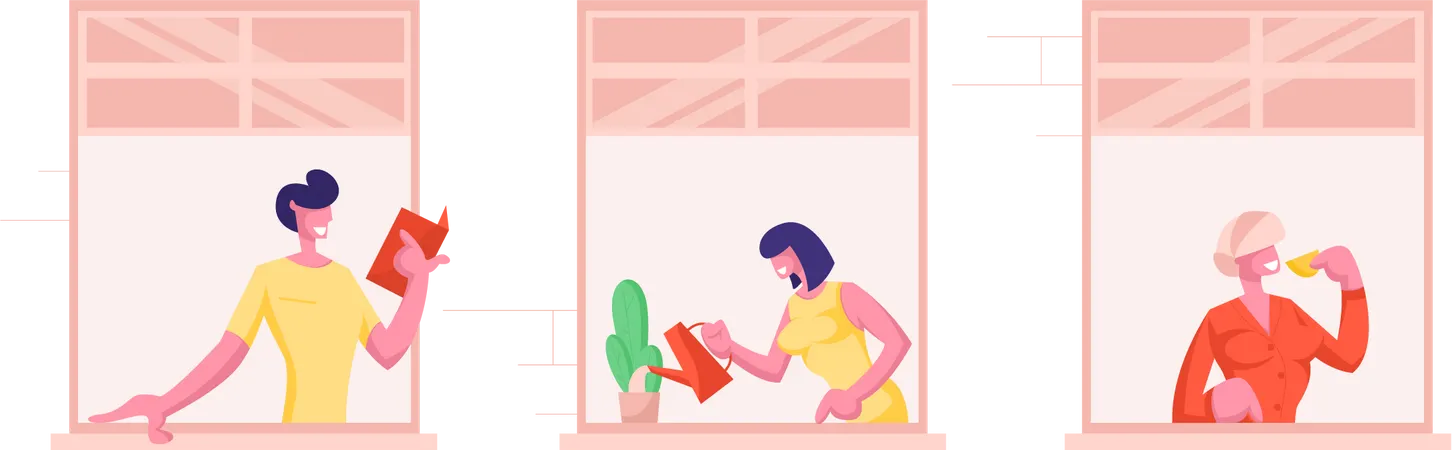 Nachbarn, die aus den Fenstern gucken  Illustration