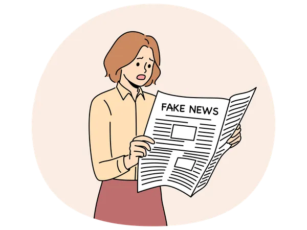 プロパガンダを利用して記者から偽の情報を読み上げる女性の手に、偽ニュースが載った新聞  イラスト