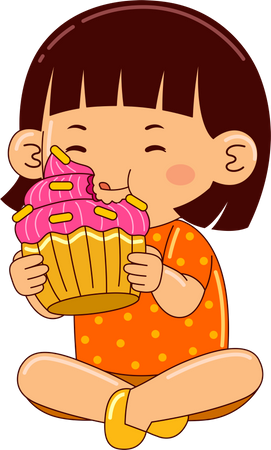 Niña comiendo pastel de taza  Ilustración