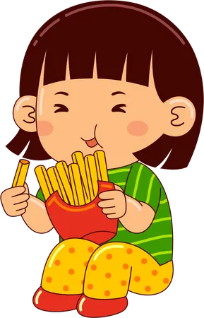 Niña comiendo papas fritas  Ilustración