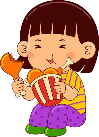 Niña comiendo pollo frito  Ilustración