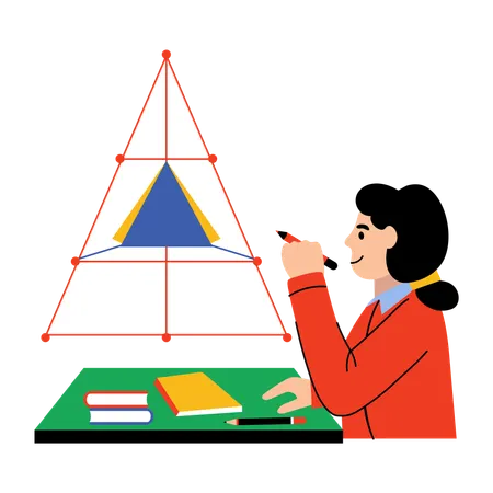 Niña dibujando una pirámide en la clase de matemáticas  Ilustración