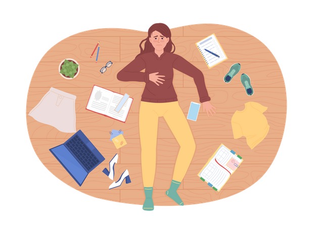 La chica se siente abrumada por el desorden  Ilustración