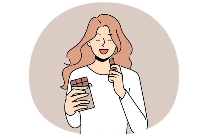 Niña sonriente comiendo una barra de chocolate  Ilustración