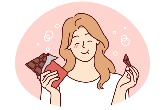 Niña sonriente comiendo una barra de chocolate  Ilustración