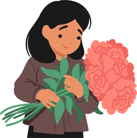 Niña mantenga ramo de peonía rosa  Ilustración