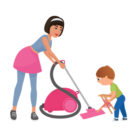 Niño ayudando a su madre a limpiar la casa  Ilustración