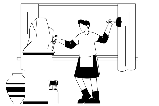 Niño esculpiendo piedra dentro de una habitación  Ilustración