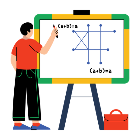 Niño resolviendo un problema de álgebra en la clase de matemáticas  Ilustración