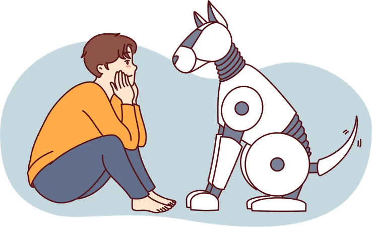 Niño sentado con perro robot  Ilustración