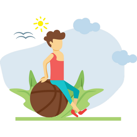 Niño sentado sobre una pelota de ejercicio  Ilustración