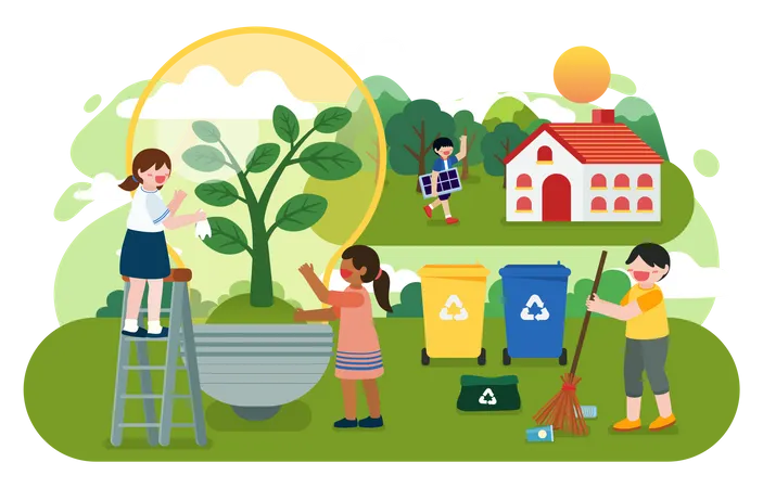 Niños ayudando a mejorar la ecología  Ilustración
