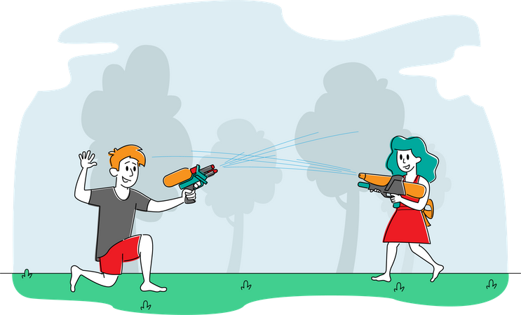 Niños felices jugando a disparar con pistolas de agua  Ilustración