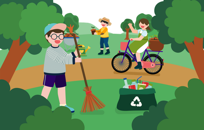 Niños recogiendo residuos reciclados  Ilustración
