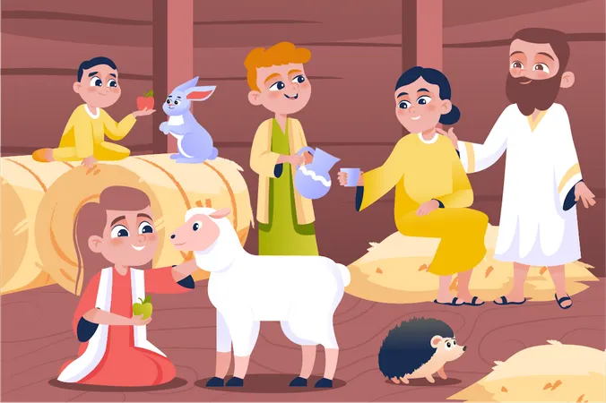 Noah with family at ship Illustration