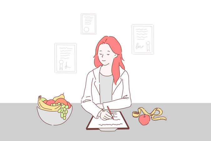 A nutricionista está preparando o plano de refeições  Ilustração