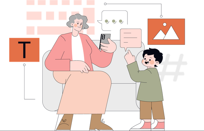 Oma macht mit Smartphone ein Foto von Enkel  Illustration