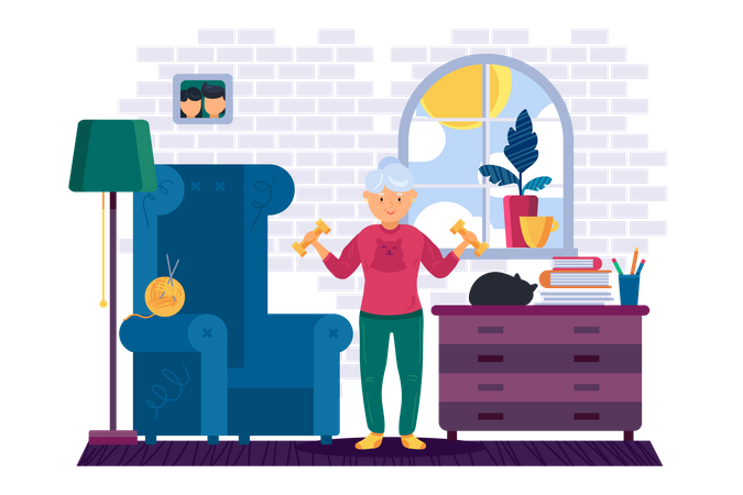 Oma trainiert mit Hanteln  Illustration
