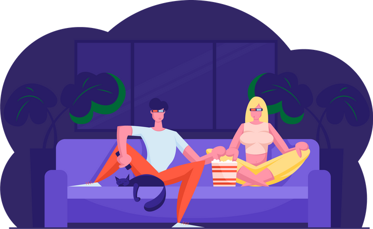 Paar sieht zusammen einen Film und isst Popcorn  Illustration
