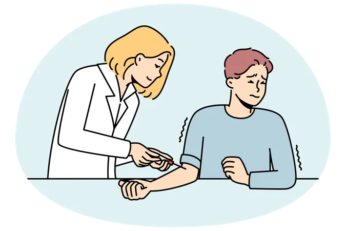 Paciente sagrado na coleta de sangue na clínica  Ilustração