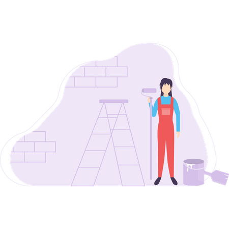 Painter stand with roller in his hand  Illustration