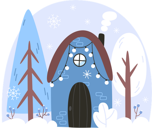 Paisaje invernal con una casa en un bosque nevado  Ilustración