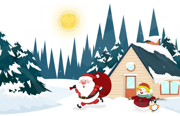 Papai Noel correndo na neve  Ilustração