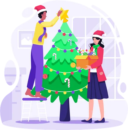 Pareja decorando el árbol de Navidad juntos en casa  Ilustración