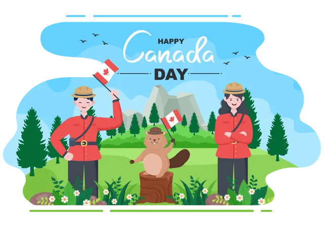 People and squirrel celebrating Canada Day  Illustration