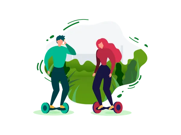 People Riding Self Balancing Electric Scooters in Park  イラスト