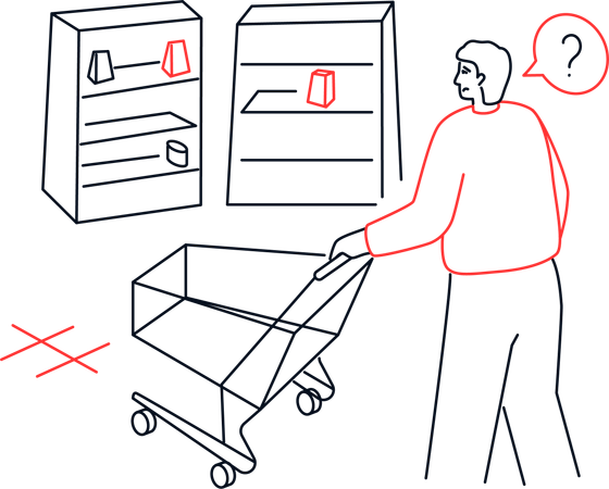 ショッピングカートを持っているが、店の棚に商品がない人  イラスト