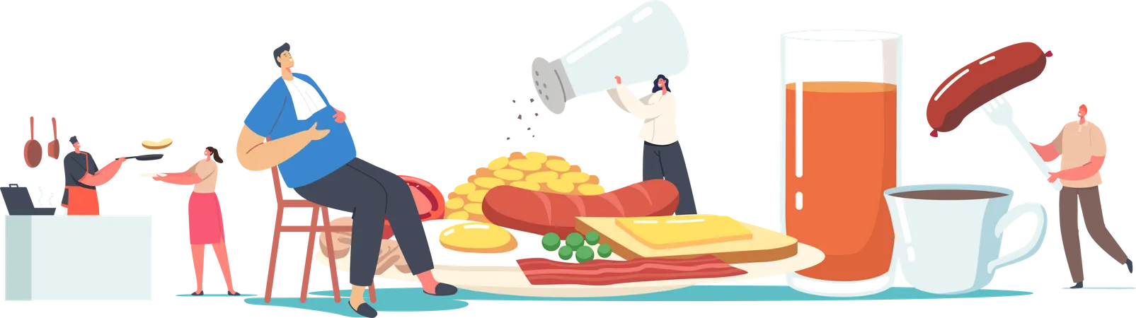 Personas que comen comida rápida poco saludable y engordan  Ilustración