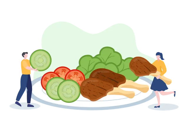 Personas con comida sana.  Ilustración