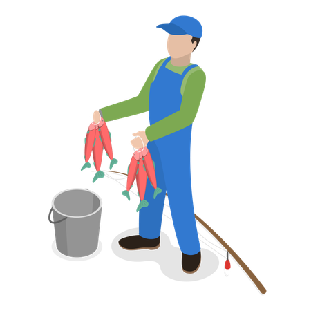 Pescador feliz de pie con un montón de peces en la mano  Ilustración