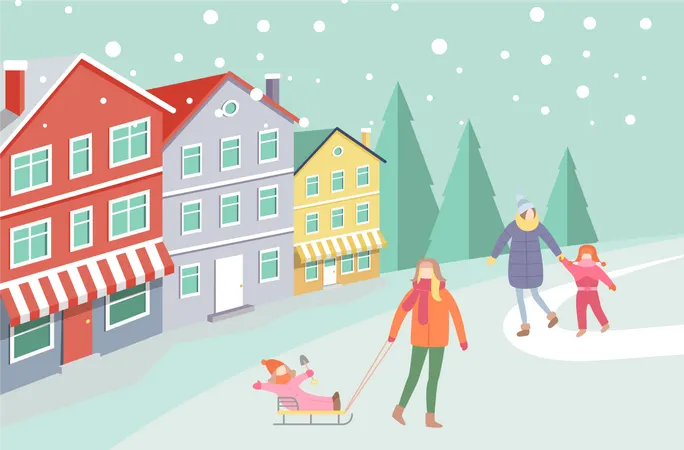 Pessoa Com Criança Em Trenós No Inverno  Ilustração