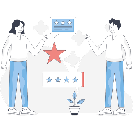 Pessoas discutindo classificação por estrelas  Ilustração