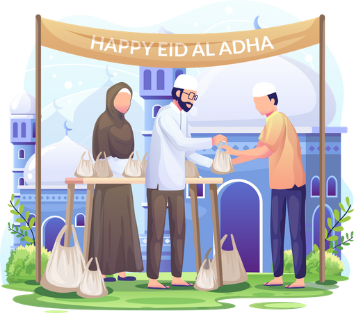 Pessoas distribuem carne sacrificial no Eid al Adha  Ilustração