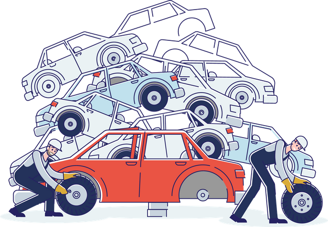 Pessoas trabalham em ferro-velho separando carros usados velhos e pilhas de carros danificados  Ilustração