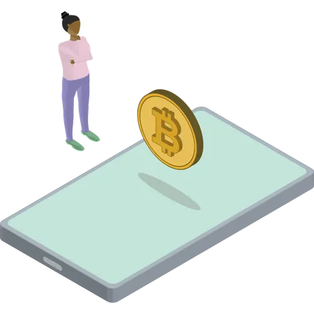 Phone Bitcoin Floating Woman Thinking  Illustration