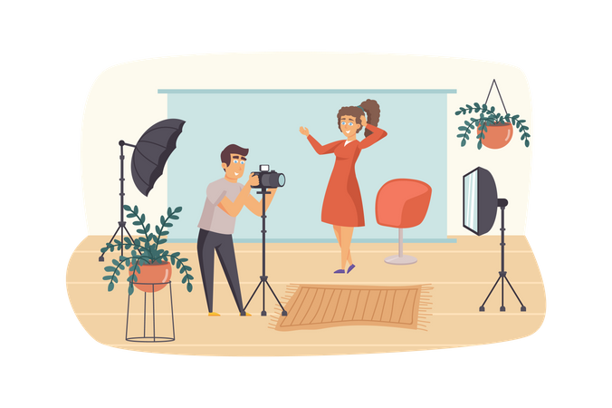 Photographer makes photo shooting for woman in professional studio  イラスト