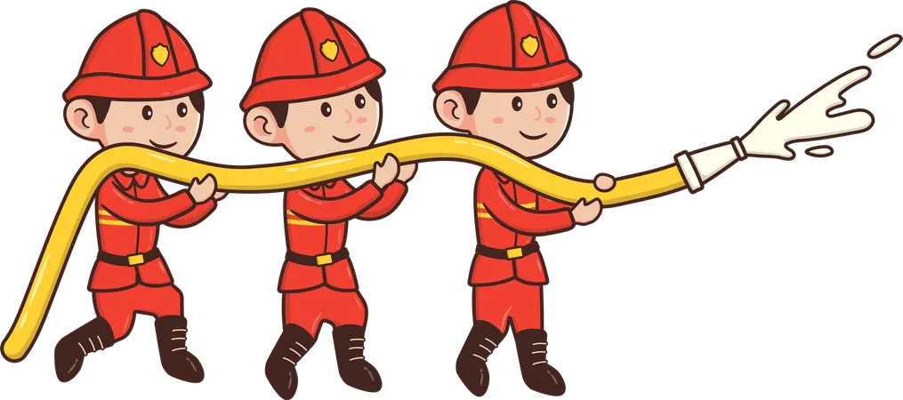 Les pompiers tiennent un tuyau d'arrosage pour arroser une maison en feu  Illustration