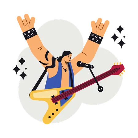 Popular Rock band artist with guitar raised his hands up in disproportionate  Illustration