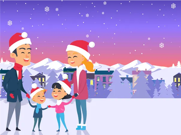 Cartão postal com Feliz Natal na cidade  Ilustração